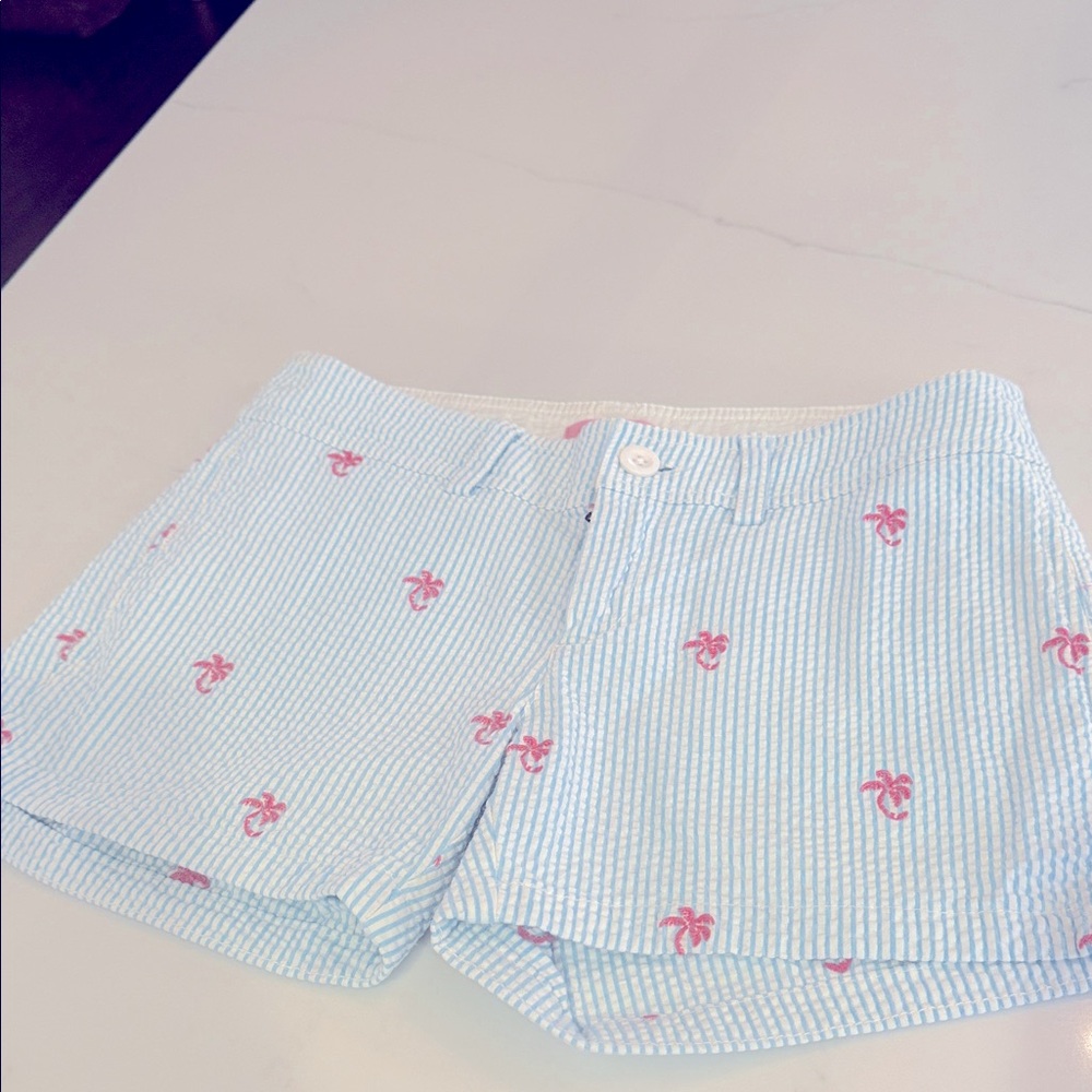 Lilly Pulitzer Light Blue Seersucker Shorts with Pink Palm Embroidery